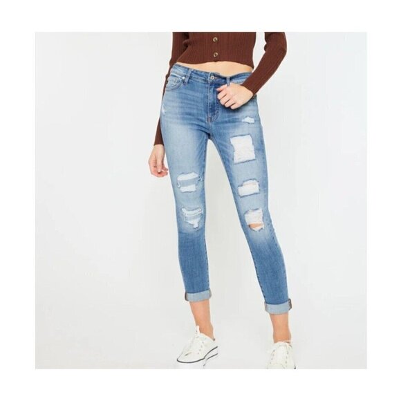 Kancan Caroline Blue Mid Rise Distressed Ankle Skinny Jeans Sz 5 / 26 Stretchy - Picture 1 of 12